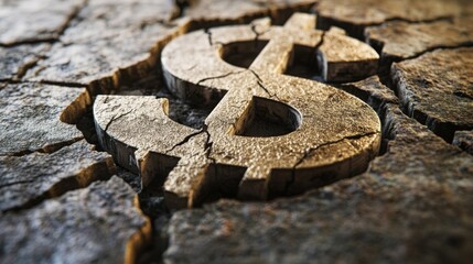 Cracked dollar sign embedded in dry, broken ground symbolizes economic collapse, financial crisis, inflation, recession, currency devaluation