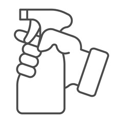 Spray bottle in hand thin line icon, washing concept. Vector graphics. Hand with antiseptic bottle sign on white background, outline style icon for mobile or web design.