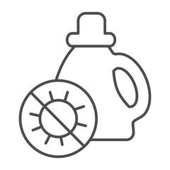 Detergent bottle with handle thin line icon, antibacterial agent concept. Vector graphics. Bottle nd bacteria ban sign on white background, outline style icon for mobile or web design.