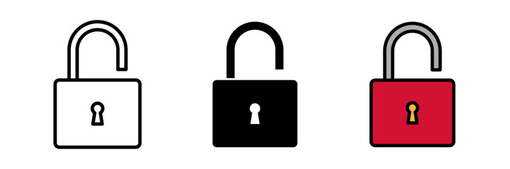 Unlock icon Symbols for Privacy and Security Solutions with stroke, filled and colored concept for web design.
