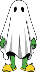 Spooky Ghost in Slippers Fun Holiday Halloween Costume Party Illustration White Minimalist Clipart Cartoon Character