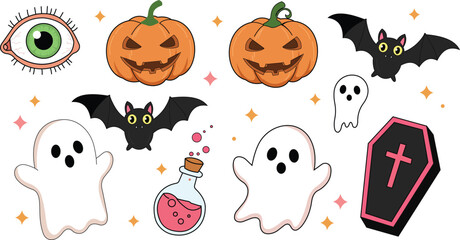 Halloween Spooky Cute Cartoon Clipart Set Pumpkins Ghosts Bats Coffin Potion Eyeball Perfect for Stickers Cards Design