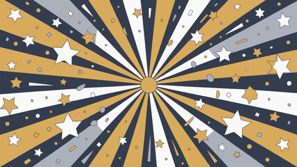 A starburst pattern with gold, white, and navy rays and scattered stars and geometric shapes around it