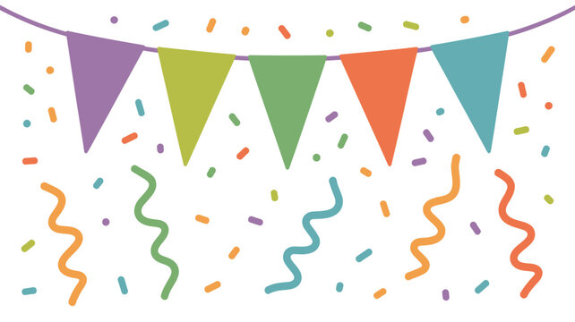 A festive illustration featuring colorful triangle bunting, confetti, and streamers on a white background
