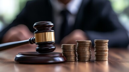Judge's gavel and stacked coins symbolize legal issues related to finance, such as fines, lawsuits, settlements, corruption, court judgments, or legal consequences in business and economic disputes.