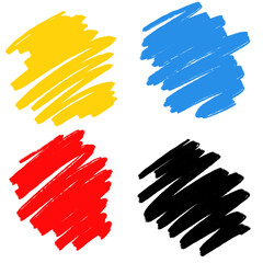 Four colorful scribbled shapes, yellow, blue, red, and black, arranged in a square on a white background.