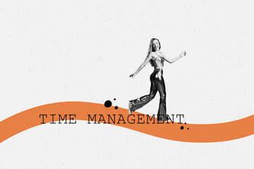 Full composite zine art pop trend collage of happy businesswoman run time management expire limit deadline schedule regime