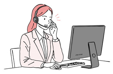ヘッドセットで電話応対する女性オペレーターの線画イラスト,コールセンター,カスタマーサービス,笑顔