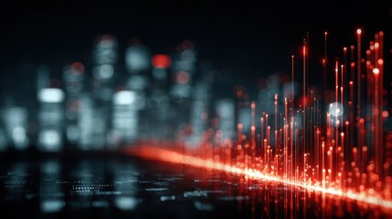 Abstract Red Data Stream with Blurry Cityscape Background, Technology Concept