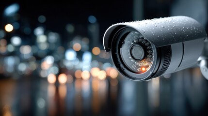 Security Camera with Water Droplets at Night with Blurred City Lights
