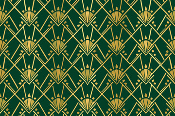 Luxury Art Deco Geometric Seamless Pattern | Elegant Gold and Dark Green Abstract Background.