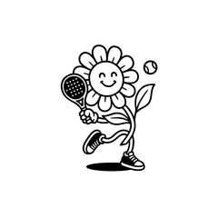 Funny Flower Playing Padel Illustration | Cute Floral Character with Sneakers and Racket | Cartoon Sports Vector