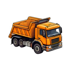 Cartoon orange dump truck filled with sand, a heavy construction and industrial transport vehicle.
