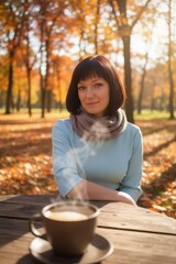 Brunette woman calm mood drinking coffee at wooden table in autumn park background
