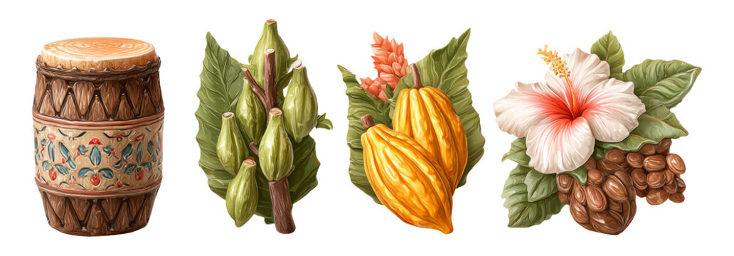 Decorative Elements Featuring Cacao Pods, Tropical Leaves, and Flowers