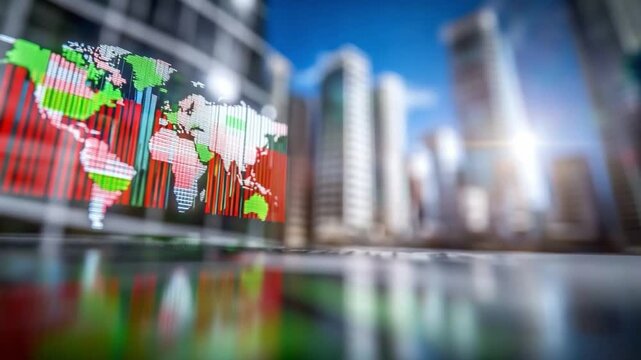 Global Business Dynamics: World map overlaid with financial data, set against a backdrop of modern city architecture, illustrating the interconnectedness of global markets and business