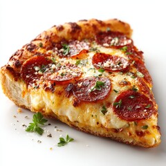 Delicious Pepperoni Pizza Slice with Fresh Herbs on White Background