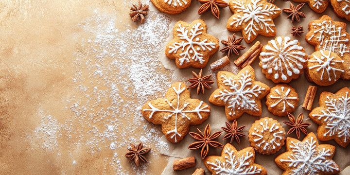 Christmas gingerbread cookies of various shapes. Decorated with white icing and arranged on baking paper with cinnamon sticks. Star anise. And powdered sugar. Creating a festive frame with copy space