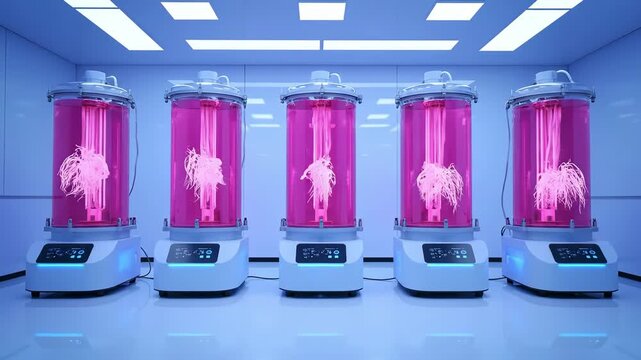 Five cutting-edge bioreactors glow with pink light in a modern lab, showcasing advanced technology and innovative science amidst a sleek aesthetic.