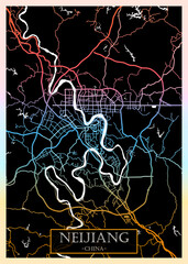 Neijiang China City Map. Downtown printable banner, travel destination Landmarks travel city landscape, map illustration print cities city travel, illustration painting destination, city banner