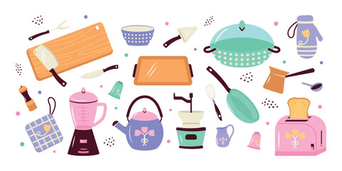 Modern set of kitchen utensils. Flat vector illustration isolated on a white background.