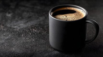 Black coffee in a modern matte mug on a black table