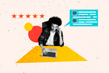 Trend artwork composite 3D collage design of young man work laptop talk phone speech cloud done...