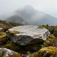 Mossy rock product podium with mountain backdrop