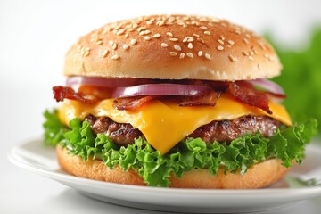 Delicious Cheeseburger with Bacon Lettuce and Onion on a Plate