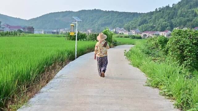 A farmer carrying a hoe walks on a country road