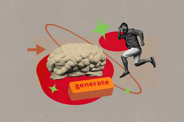 Art image full 3d pop photo collage of happy girl guy run brain organ artificial intelligence app software button generate