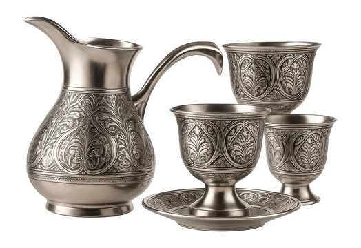 Intricately engraved Turkish coffee set, ideal for themed home gatherings.