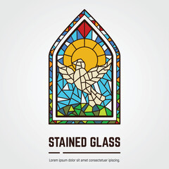 Colorful stained glass window. Logo, emblem or icon with text. Sun with rays and white dove. Thick line style flat style vector. Architecture, religious or gallery. Bright stain glass color window.