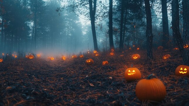 A creepy pumpkin patch by the edge of a forest, with glowing pumpkins and a foggy mist weaving through the trees.