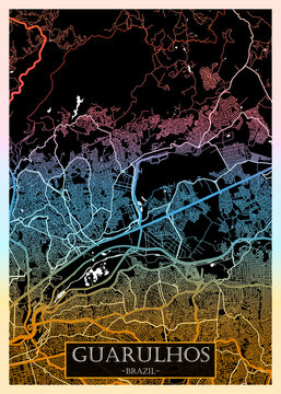 Guarulhos Brazil Map. City downtown abstract travel art, modern background, colorful graphic design, new office banner, art street view paint