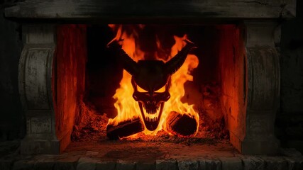 Flickering embers sparking horned skull-shaped flames pulsating above burning logs in rustic hearth - Powered by Adobe