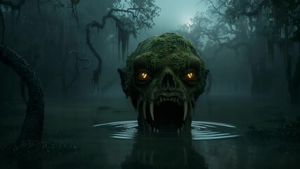 Glowing yellow eyes piercing swamp as mossy skull head rising from water, exposing fanged teeth - Powered by Adobe