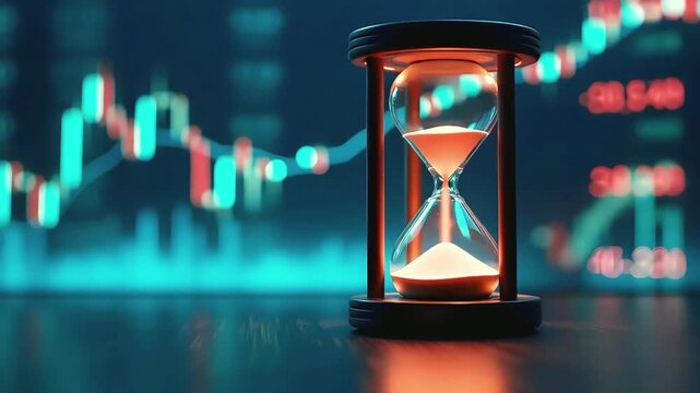 Sand pours through an hourglass, against the backdrop of market data &mdash; a symbol of urgency and time sensitivity in trading. 