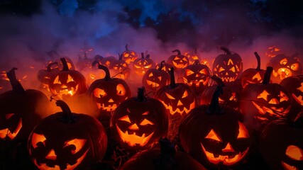 Flickering carved pumpkins glowing across straw-covered pumpkin patch at night, with drifting mist - Powered by Adobe