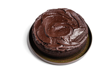 Chocolate brownie cake with chocolate ganache isolated on white