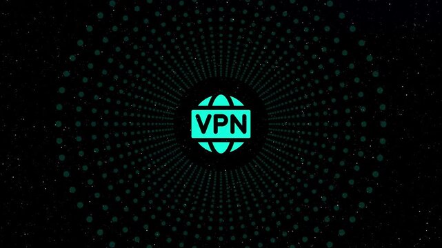 Animated vpn logo with globe and padlock on black background with yellow dots virtual private network security connection concept cyber security technology