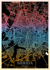 Merida Mexico City Map. City downtown abstract travel art, modern background, colorful graphic design, new office banner, art street view paint