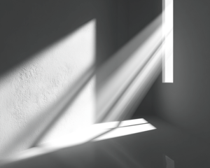 Dramatic shadows and geometric shapes created by sunlight in a stark, dark interior