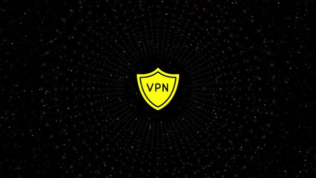 Animated vpn shield icon in red color with glowing dots background, concept of virtual private network, internet security and data protection, seamless loop