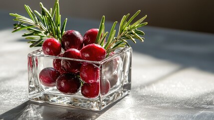 A crystal clear cube with whole cranberries and rosemary.