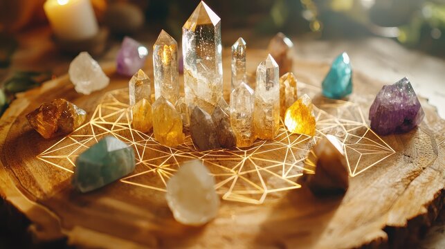 A crystal grid laid out in sacred geometry.