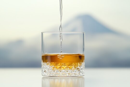 Close-up of whiskey being poured into a glass, with a blurred mountain backdrop, exuding a sense of elegance and serenity.
