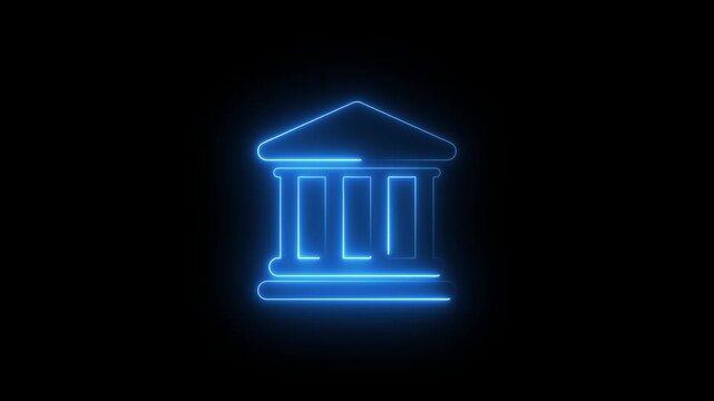 glowing neon bank icon animation,virtual finance structure light motion,digital banking logo animation background,glowing architecture finance symbol.