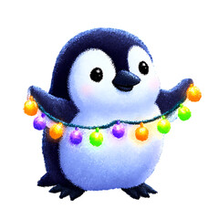 Fototapeta premium Penguin holding a string of ornaments and ribbons with its wings Cute Winter Penguins, Kawaii Holiday Animals