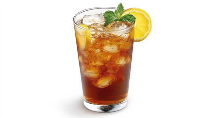 A cup of iced tea with a citrus twist and a sprig of mint in a tall glass.